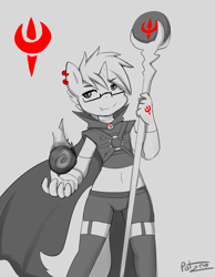 Size: 3500x4500 | Tagged: safe, artist:potzm, derpibooru import, oc, oc:tinker doo, anthro, unicorn, ear piercing, glasses, mage, male, monochrome, piercing, solo, staff