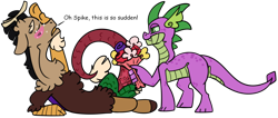 Size: 1654x699 | Tagged: safe, artist:spudsmcfrenzy, derpibooru import, discord, spike, draconequus, dragon, blushing, bouquet, dispike, flower, gay, male, older, shipping, simple background, speech, transparent background