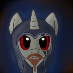 Size: 1024x1024 | Tagged: safe, artist:boushi33, derpibooru import, oc, oc only, pony, unicorn, bust, facial hair, goatee, hood, looking at you, male, portrait, red eyes, skyrim, solo, stallion, the elder scrolls