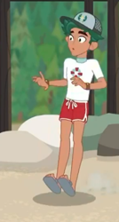 Size: 290x540 | Tagged: safe, derpibooru import, screencap, timber spruce, better together, equestria girls, turf war, animation error, cap, clothes, cropped, feet, hat, lifeguard timber, male, male feet, sandals, shorts, solo