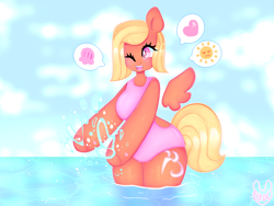 Size: 4000x3000 | Tagged: safe, artist:bunxl, derpibooru import, oc, oc only, anthro, arm hooves, blushing, clothes, colored pupils, female, heart, heart eyes, one eye closed, one-piece swimsuit, open-back swimsuit, signature, solo, swimsuit, water, wingding eyes, wings, wink