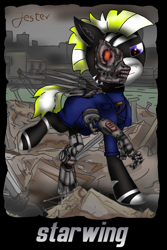 Size: 2000x3000 | Tagged: safe, artist:jesterpi, derpibooru import, oc, oc:starwing, cyborg, fallout equestria, artificial wings, augmented, cyberpunk, mechanical wing, post-apocalyptic, ruins, wings