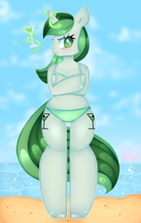 Size: 1892x3000 | Tagged: safe, artist:bunxl, derpibooru import, oc, oc only, anthro, unicorn, :t, anatomically incorrect, angry, arm hooves, beach, belly button, bikini, blushing, clothes, cocktail, cocktail glass, crossed arms, female, incorrect leg anatomy, levitation, looking at you, magic, signature, skull, skull eyes, solo, swimsuit, telekinesis, wingding eyes