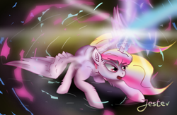 Size: 1000x650 | Tagged: safe, artist:jesterpi, derpibooru import, oc, alicorn, aureliacharmcutiees, casting, epic, fanart, fight, magic, powerful