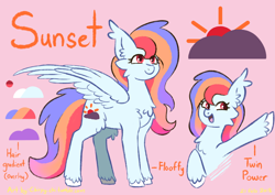 Size: 1024x725 | Tagged: safe, artist:chirpy-chi, derpibooru import, oc, oc:sunset stratus, cheek fluff, chest fluff, cute, ear fluff, reference sheet, stratus twins, unshorn fetlocks