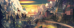 Size: 1024x393 | Tagged: dead source, safe, artist:sunset tide, derpibooru import, alicorn, bridge, castle, city, cityscape, flag, mountain, no pony, obtrusive watermark, plinth, river, scenery, scenery porn, smokey mountains, stained glass, statue, tall tale, watermark