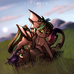 Size: 1024x1024 | Tagged: safe, artist:segraece, derpibooru import, oc, oc only, oc:cocoa dot, oc:evening howler, bat pony, pegasus, pony, bat pony oc, chest fluff, commission, duo, female, field, grass, leonine tail, looking at each other, mare, mountain, playing, scenery, smiling