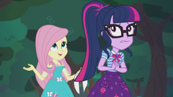 Size: 2208x1242 | Tagged: safe, derpibooru import, screencap, fluttershy, sci-twi, twilight sparkle, butterfly, better together, equestria girls, stressed in show, stressed in show: fluttershy, bowtie, clothes, cute, geode of fauna, geode of telekinesis, glasses, happy, magical geodes, open mouth, ponytail, scared, skirt, twiabetes