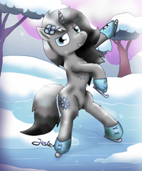 Size: 1000x1200 | Tagged: safe, artist:jesterpi, derpibooru import, oc, oc:winters ark, unicorn, blue eyes, frosty, gray, ice, ice skating, pose, snow