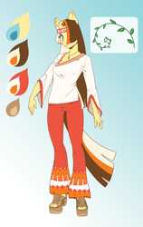 Size: 1616x2550 | Tagged: safe, artist:krowzivitch, derpibooru import, oc, oc:golden age, anthro, anthro oc, clothes, headband, hippie, jewelry, reference sheet, sandals, solo