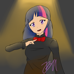 Size: 1500x1500 | Tagged: safe, artist:jaybeaniemags, derpibooru import, twilight sparkle, human, bowtie, female, humanized, solo