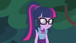 Size: 2208x1242 | Tagged: safe, derpibooru import, screencap, sci-twi, twilight sparkle, better together, equestria girls, stressed in show, stressed in show: fluttershy, bowtie, geode of telekinesis, glasses, magical geodes, ponytail, solo, stressed