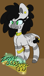 Size: 588x1000 | Tagged: safe, derpibooru import, oc, oc only, oc:ziggy zaggy, zebra, ear piercing, female, mare, piercing, ponytail, solo, zebra oc