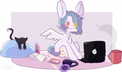 Size: 1881x1117 | Tagged: safe, artist:emily-826, derpibooru import, oc, oc:shylu, cat, pegasus, pony, book, computer, female, headphones, heterochromia, laptop computer, mare, sitting, solo