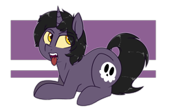 Size: 2000x1300 | Tagged: safe, artist:notenoughapples, derpibooru import, oc, oc only, oc:skullpon, pony, unicorn, male, prone, sharp teeth, simple background, solo, stallion, teeth, tongue out, transparent background