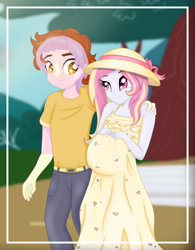 Size: 1024x1311 | Tagged: safe, artist:bonsia-lucky, derpibooru import, oc, oc only, oc:mistral violet, oc:solar shine, equestria girls, clothes, couple, cute, dress, equestria girls-ified, female, hand on shoulder, hat, husband and wife, male, mishine, multiple pregnancy, oc x oc, offspring, offspring shipping, parent:princess cadance, parent:shining armor, parent:starlight glimmer, parent:sunburst, parents:shiningcadance, parents:starburst, park, pregnant, shipping, straight