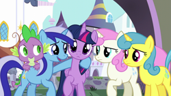 Size: 1280x720 | Tagged: safe, derpibooru import, screencap, lemon hearts, minuette, spike, twilight sparkle, twilight sparkle (alicorn), twinkleshine, alicorn, dragon, pony, unicorn, amending fences, canterlot, raised hoof