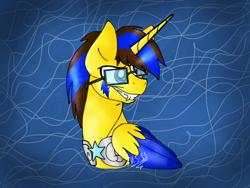 Size: 2048x1536 | Tagged: safe, artist:melonseed11, derpibooru import, oc, oc:zeo spark, alicorn, pony, bust, glasses, male, portrait, solo, stallion