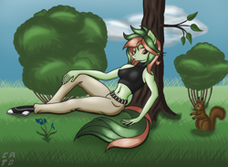 Size: 1280x937 | Tagged: safe, artist:catdclassic, derpibooru import, oc, oc only, oc:melissa gry, anthro, squirrel, flower, solo, tree