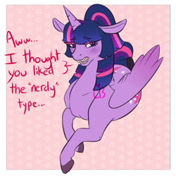 Size: 500x500 | Tagged: safe, artist:the-love-bug-queen, derpibooru import, twilight sparkle, twilight sparkle (alicorn), oc, oc:love bug, alicorn, changeling, pony, alternate hairstyle, blushing, both cutie marks, dialogue, fangs, female, floppy ears, mare, open mouth, prone, solo, tail wrap