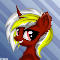 Size: 1500x1500 | Tagged: safe, artist:maxiclouds, derpibooru import, oc, oc only, pony, unicorn, abstract background, bust, female, mare, portrait, smiling, solo