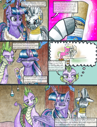 Size: 1950x2550 | Tagged: safe, artist:tillie-tmb, derpibooru import, daisy, flower wishes, spike, twilight sparkle, twilight sparkle (alicorn), zecora, alicorn, dragon, comic:the amulet of shades, clothes, magic, noodle, noodle incident, older, shampoo, sweat, traditional art, zecora's hut