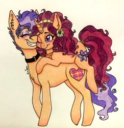 Size: 2790x2874 | Tagged: safe, artist:ameliacostanza, derpibooru import, plaid stripes, saffron masala, earth pony, pony, unicorn, blushing, ear piercing, eyes closed, female, lesbian, mare, piercing, saffronstripes, shipping, simple background, smiling, traditional art