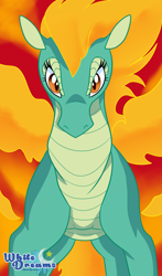 Size: 1761x3000 | Tagged: safe, artist:xwhitedreamsx, derpibooru import, tianhuo, longma, them's fightin' herds, community related, female, fire, looking at you, slit eyes, solo