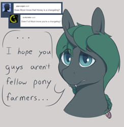 Size: 1106x1132 | Tagged: safe, artist:heftyhorsehostler, derpibooru import, oc, oc only, oc:honeysuckle, changeling, a changeling's guide to large horse care, ask, braid, bust, changeling oc, colored pupils, dialogue, female, gray background, green changeling, simple background, solo, tumblr
