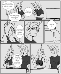 Size: 1280x1554 | Tagged: safe, artist:spacegoddess-tabula, derpibooru import, oc, oc:lyoko hope, oc:silver spark, anthro, black and white, comic, grayscale, lyover, monochrome