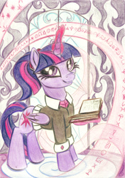 Size: 1053x1500 | Tagged: safe, artist:pedrohander, derpibooru import, twilight sparkle, twilight sparkle (alicorn), alicorn, pony, alternate hairstyle, book, clothes, female, glowing horn, hair accessory, looking at you, magic, mare, ponytail, smiling, solo, spellbook, telekinesis, traditional art