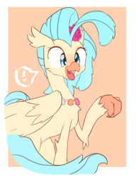 Size: 1569x2048 | Tagged: safe, artist:akainu_pony, derpibooru import, princess skystar, classical hippogriff, hippogriff, my little pony: the movie, chest fluff, cute, exclamation point, female, floppy ears, flower, flower in hair, fluffy, freckles, leg fluff, open mouth, raised hoof, seashell necklace, simple background, skyabetes, smiling, solo, speech bubble