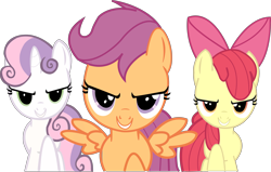 Size: 7355x4670 | Tagged: safe, artist:imladdi, derpibooru import, apple bloom, scootaloo, sweetie belle, earth pony, pegasus, pony, unicorn, flight to the finish, absurd resolution, cutie mark crusaders, determined, female, filly, hearts as strong as horses, narrowed eyes, raised hoof, simple background, singing, smiling, spread wings, transparent background, trio, wings
