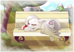 Size: 5940x4138 | Tagged: safe, artist:estories, derpibooru import, oc, oc only, oc:magnolia lulamoon, bird, pegasus, pony, absurd resolution, apple, bench, cute, female, food, mare, park bench, sleeping, solo, tree