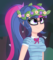 Size: 1706x1934 | Tagged: dead source, safe, artist:pastelhorses, derpibooru import, sci-twi, twilight sparkle, better together, equestria girls, stressed in show, stressed in show: fluttershy, bow, clothes, cute, floral head wreath, flower, geode of telekinesis, glasses, human coloration, magical geodes, redraw, smiling, solo, twiabetes