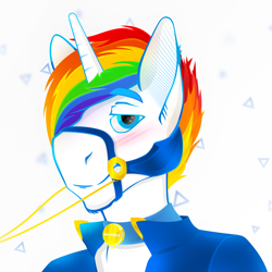 Size: 2000x2000 | Tagged: safe, artist:wumbl3, derpibooru import, oc, oc:generic rainbow maned white unicorn guy, anthro, unicorn, abstract background, blushing, bridle, bust, clothes, collar, high res, jacket, leash, looking at you, male, name tag, rainbow hair, smiling, solo, tack, wingding eyes