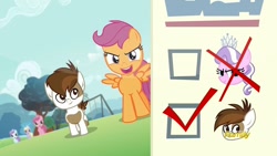 Size: 1280x720 | Tagged: safe, derpibooru import, screencap, diamond tiara, dinky hooves, liza doolots, petunia, pipsqueak, ruby pinch, scootaloo, tootsie flute, earth pony, pony, crusaders of the lost mark, colt, male, playground, vote