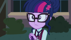 Size: 1280x720 | Tagged: safe, derpibooru import, screencap, sci-twi, twilight sparkle, equestria girls, friendship games, clothes, crystal prep academy uniform, glasses, hair bun, hairpin, magic capture device, school uniform, solo