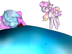 Size: 3111x2356 | Tagged: safe, artist:pinkgalaxy56, derpibooru import, oc, oc only, oc:pink galaxy, oc:sky, alicorn, pony, bed, female, filly, high res, simple background, white background