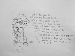 Size: 1920x1440 | Tagged: safe, artist:tjpones, derpibooru import, earth pony, pony, campfire, dialogue, female, helmet, henry v, lineart, mare, monochrome, scrunchie, shakespeare, simple background, sketch, solo, sword, traditional art, unnamed pony, weapon