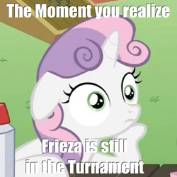 Size: 500x500 | Tagged: safe, derpibooru import, edit, edited screencap, screencap, sweetie belle, pony, unicorn, ponyville confidential, spoiler:dragon ball super, caption, dragon ball super, exploitable meme, female, filly, frieza, horn, image macro, meme, misspelling, obligatory pony, solo, spoilers for another series, sudden clarity sweetie belle, text, two toned mane, white coat, wide eyes
