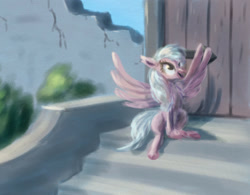 Size: 1029x803 | Tagged: safe, artist:el-yeguero, derpibooru import, silverstream, classical hippogriff, hippogriff, school daze, female, smiling, solo, stairs, that hippogriff sure does love stairs