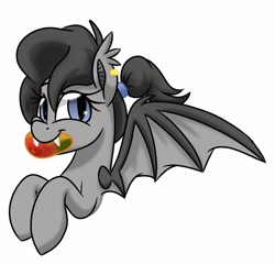 Size: 1600x1600 | Tagged: safe, artist:jen-neigh, derpibooru import, oc, oc only, oc:crescent, bat pony, bat pony oc, cute, ear piercing, earring, fangs, female, food, jewelry, mango, piercing, solo