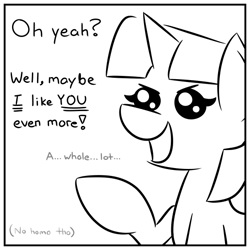 Size: 540x540 | Tagged: safe, artist:glimglam, derpibooru import, twilight sparkle, pony, unicorn, beady eyes, black and white, dialogue, female, grayscale, mare, monochrome, no homo, open mouth, pointing, simple background, solo, white background