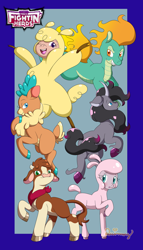 Size: 1024x1792 | Tagged: safe, artist:yanie-the-brown-pone, derpibooru import, arizona cow, oleander, paprika paca, pom lamb, tianhuo, velvet reindeer, alpaca, classical unicorn, cow, deer, lamb, longma, reindeer, sheep, them's fightin' herds, cloven hooves, community related, female, fightin' six, group, mare, one eye closed, raised hoof, smiling, wink