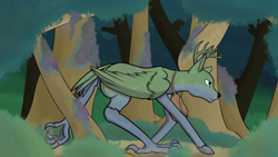 Size: 4608x2592 | Tagged: safe, artist:cloudyskieswrites, derpibooru import, oc, oc only, oc:brush, deer, original species, peryton, fanfic:to perytonia, fanfic, fanfic art, forest, high res, solo, tree