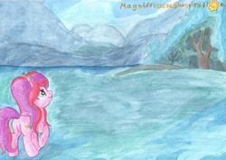 Size: 3471x2459 | Tagged: safe, artist:magnifsunspiration, derpibooru import, oc, oc:cookiestar melody, earth pony, pony, female, high res, mare, snow, solo, traditional art, tree