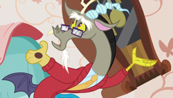 Size: 1280x720 | Tagged: safe, derpibooru import, screencap, discord, discordant harmony, clothes, glasses, solo, sweater