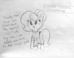 Size: 1817x1440 | Tagged: safe, artist:tjpones, derpibooru import, oc, oc only, oc:brownie bun, earth pony, pony, horse wife, cheek fluff, clothes, dialogue, ear fluff, female, grayscale, lineart, mare, monochrome, solo, text, traditional art, watch