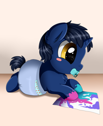 Size: 2300x2800 | Tagged: safe, artist:pridark, derpibooru import, oc, oc only, pony, unicorn, baby, baby pony, cute, diaper, hnnng, hoof painting, male, ocbetes, pacifier, painting, pridark is trying to murder us, smiling, solo